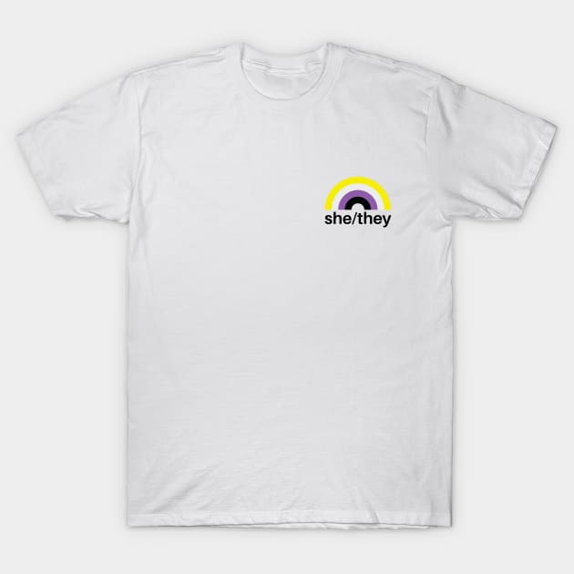 She/They Pronouns Nonbinary Rainbow T-Shirt by lavenderhearts